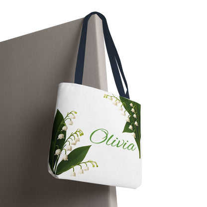 Personalized Birth Month Flower Tote Bag, Custom Name Tote, Eco-Friendly Grocery Shopping Bag, May Lily of the Valley Design