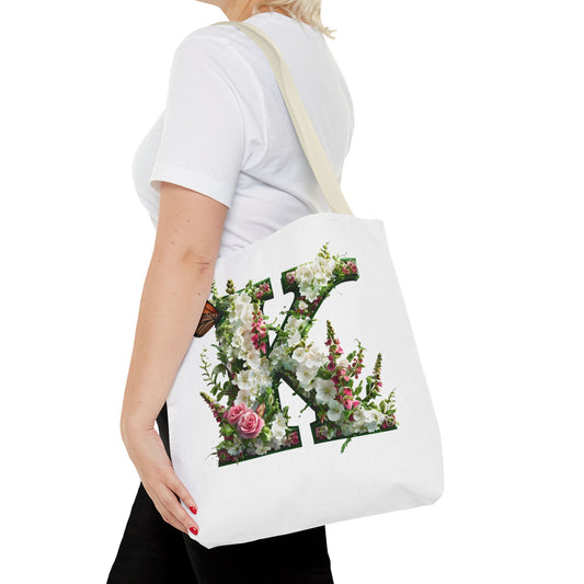 Floral Alphabet 'K'  Tote Bag with Cottage Garden Flowers and Butterfly Design