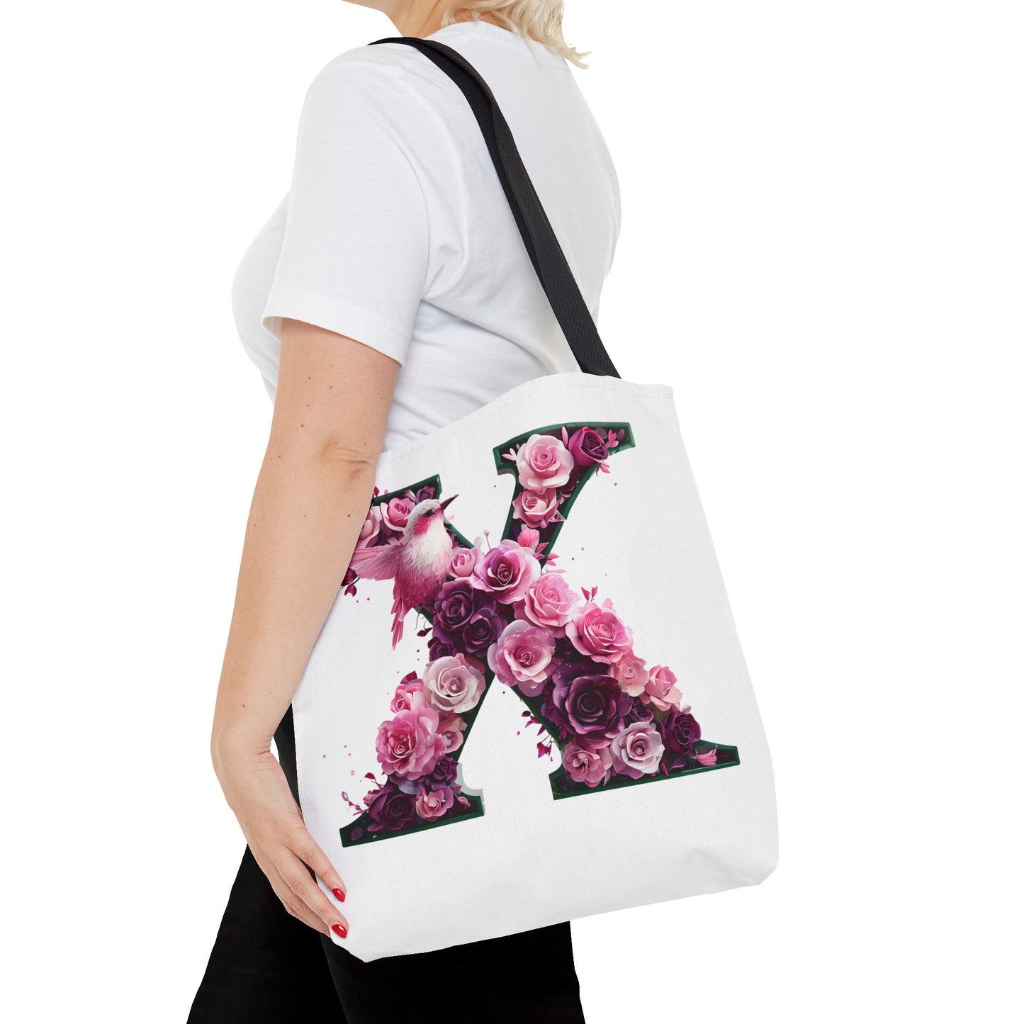 Floral Alphabet 'X' Tote Bag with Pink and Purple Flower and Bird Design
