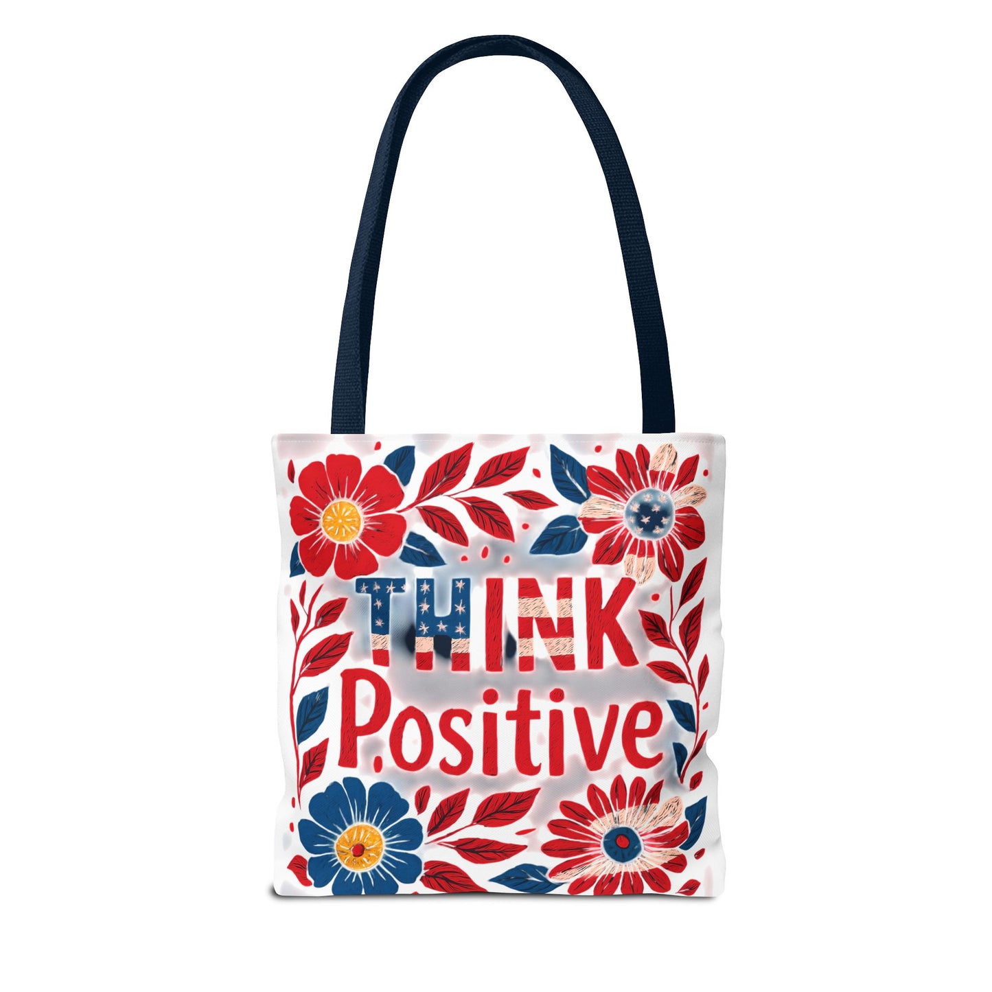 Red White and Blue Think Positive Tote Bag - Patriotic Embroidery Style Carryall, Great for Gifts, Shopping, Beach Days, Day Trips