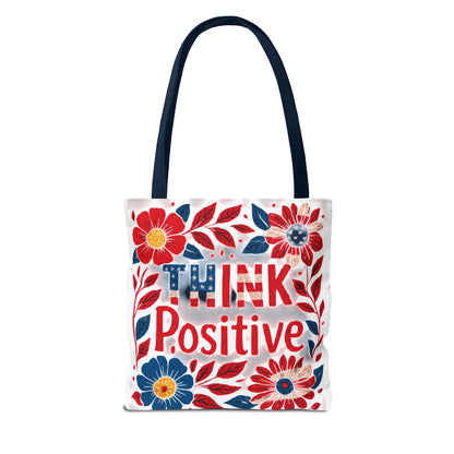 Red White and Blue Think Positive Tote Bag - Patriotic Embroidery Style Carryall, Great for Gifts, Shopping, Beach Days, Day Trips