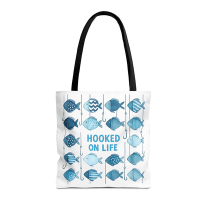Fish-Themed Tote Bag, Hooked on Life Shopping Bag, Aqua Fishing Tote, Gift for Fisherman, Eco-Friendly Reusable Beach Bag
