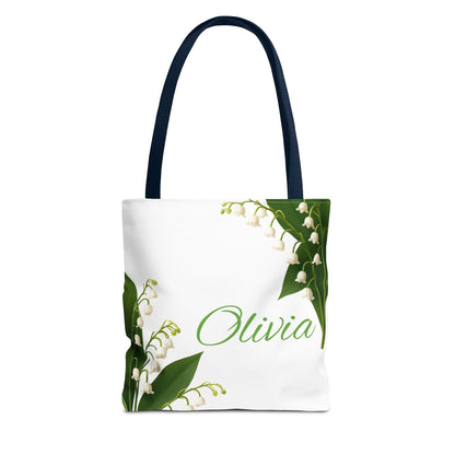 Personalized Birth Month Flower Tote Bag, Custom Name Tote, Eco-Friendly Grocery Shopping Bag, May Lily of the Valley Design
