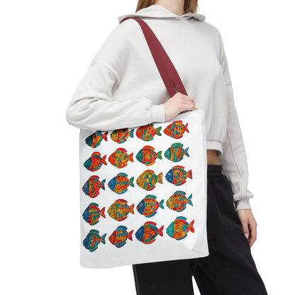 Colorful Mosaic Fish Print Tote Bag, Reusable Grocery Bag, Summer Beach Accessory, Marine Life Gift, Unique Art Bag