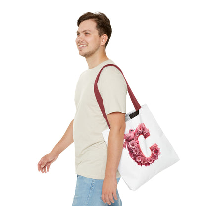Floral Alphabet C' Tote Bag - Pink Bird Floral Design for Shopping, Work and Beach