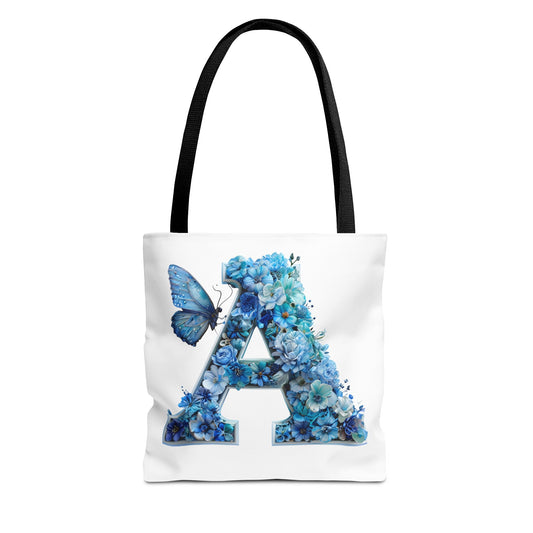 Floral Alphabet 'A' Tote Bag –  Blue Butterfly Design