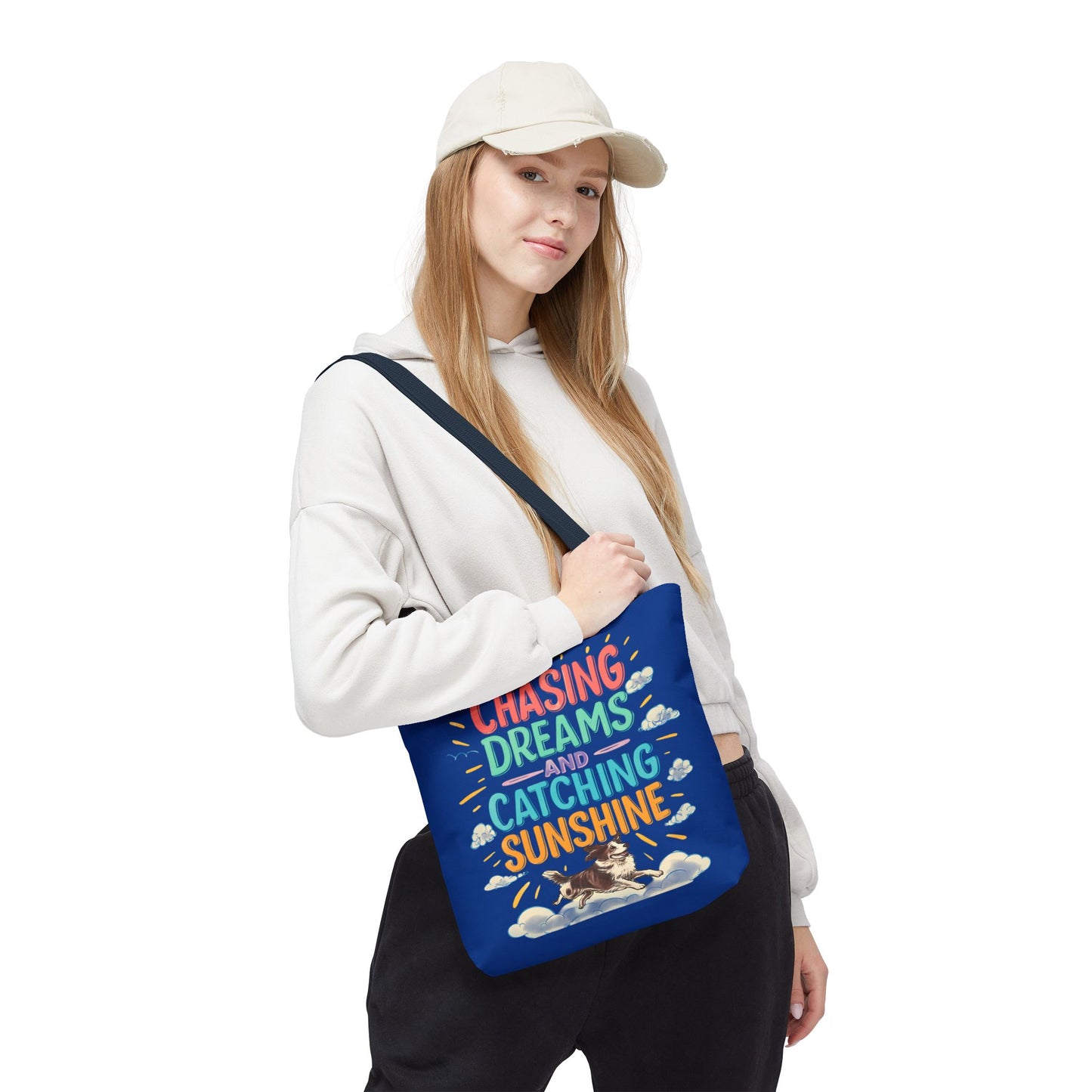 Chasing Dreams Tote Bag, Inspirational Tote, Dog Lover Gift, Eco-Friendly Shopper, Motivational Bag, Bright Blue Design