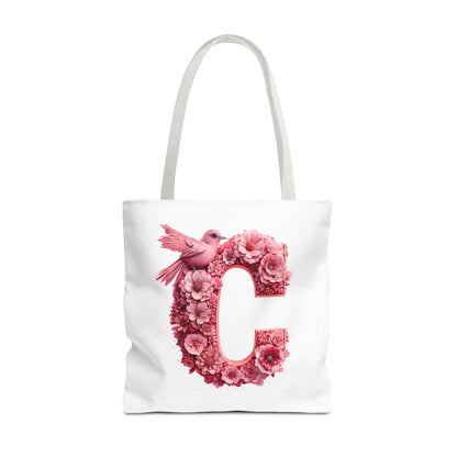 Floral Alphabet C' Tote Bag - Pink Bird Floral Design for Shopping, Work and Beach