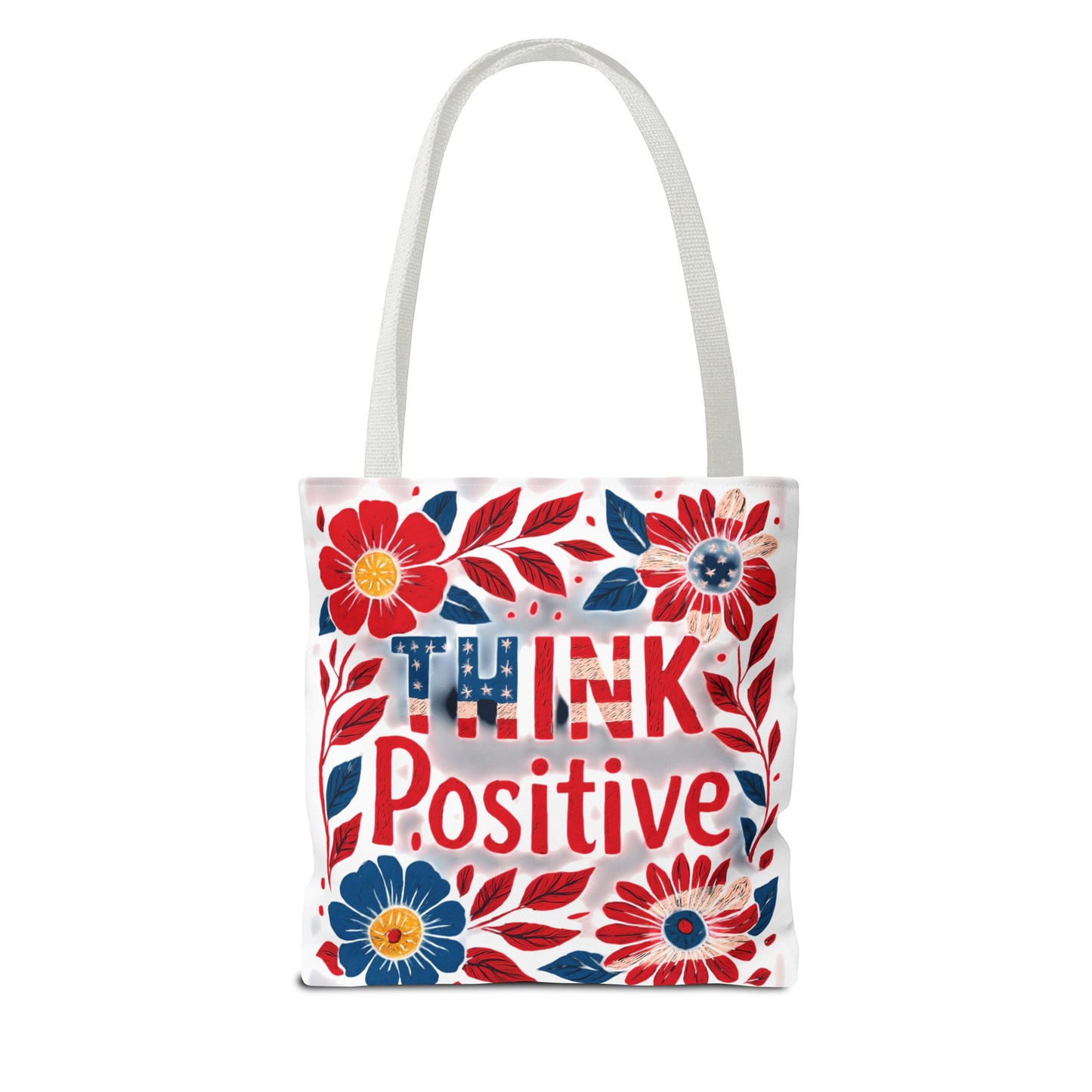 Red White and Blue Think Positive Tote Bag - Patriotic Embroidery Style Carryall, Great for Gifts, Shopping, Beach Days, Day Trips