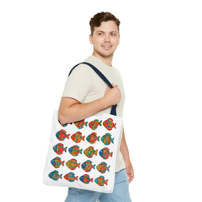 Colorful Mosaic Fish Print Tote Bag, Reusable Grocery Bag, Summer Beach Accessory, Marine Life Gift, Unique Art Bag