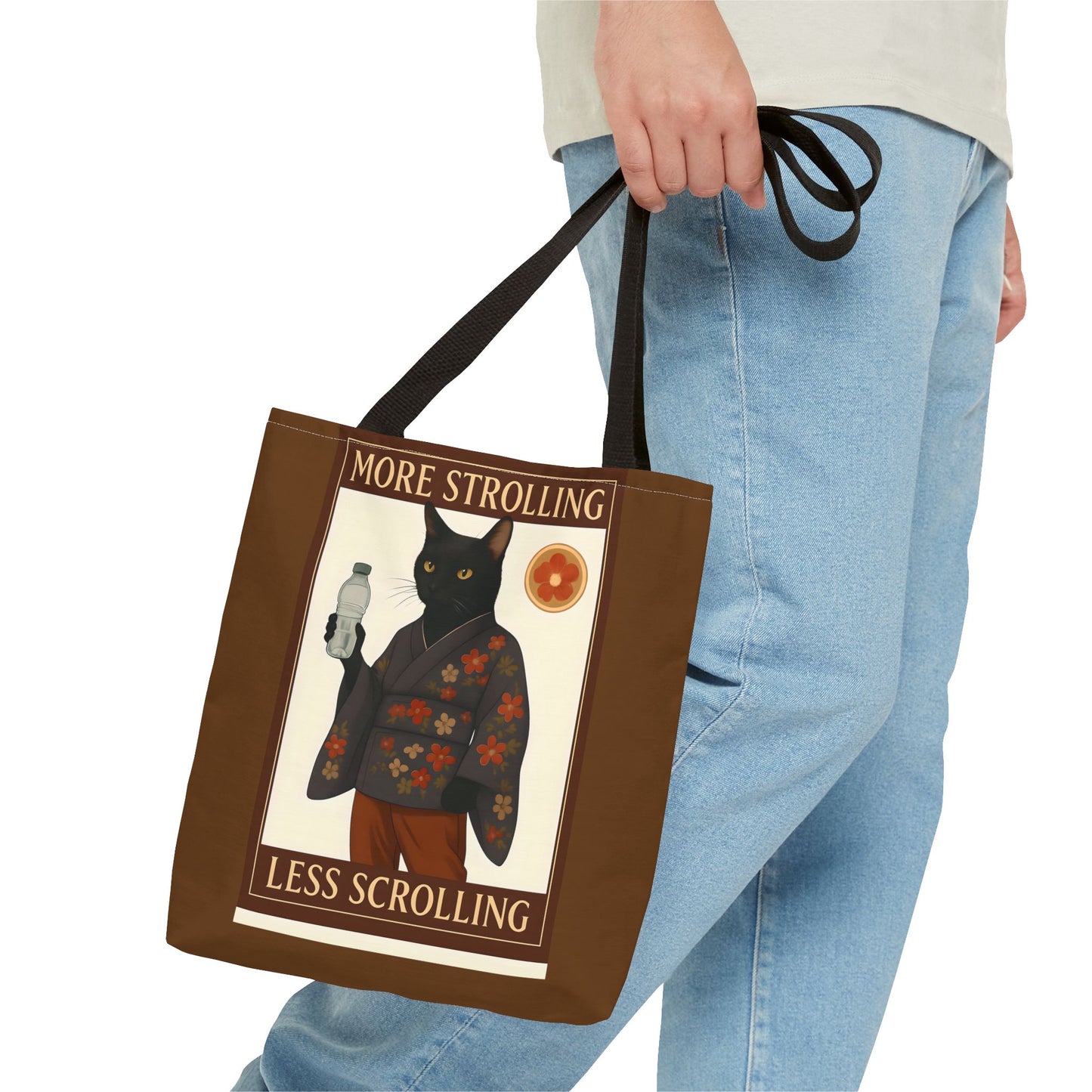 More Strolling Less Scrolling Cat Tote Bag – Cute Black Cat Design for Cat Lovers