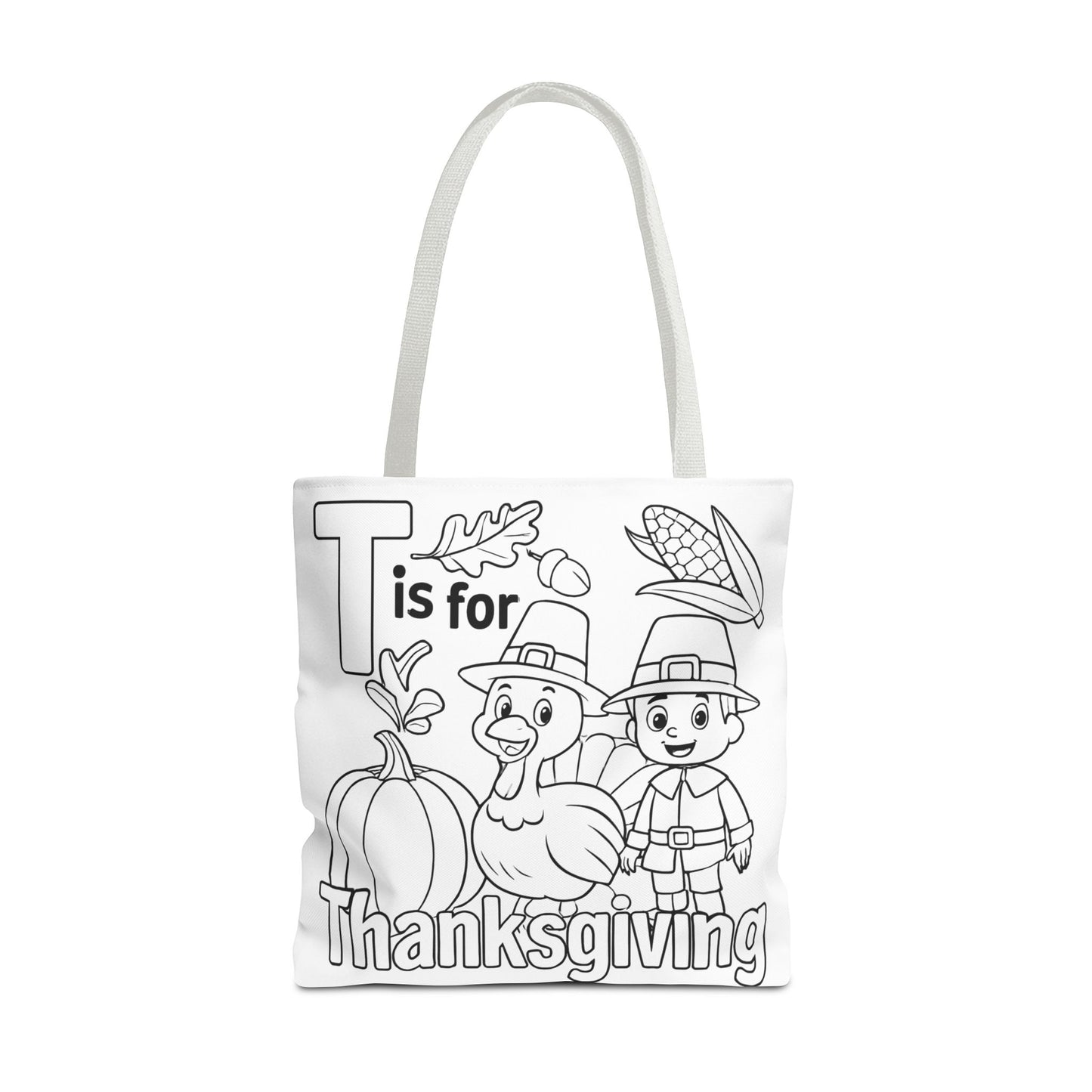T is for Thanksgiving Coloring Page Tote Bag - Colorful Pilgrims and Turkey Design, AOP, Ideal for Holiday Gatherings, Gifts, and Crafts