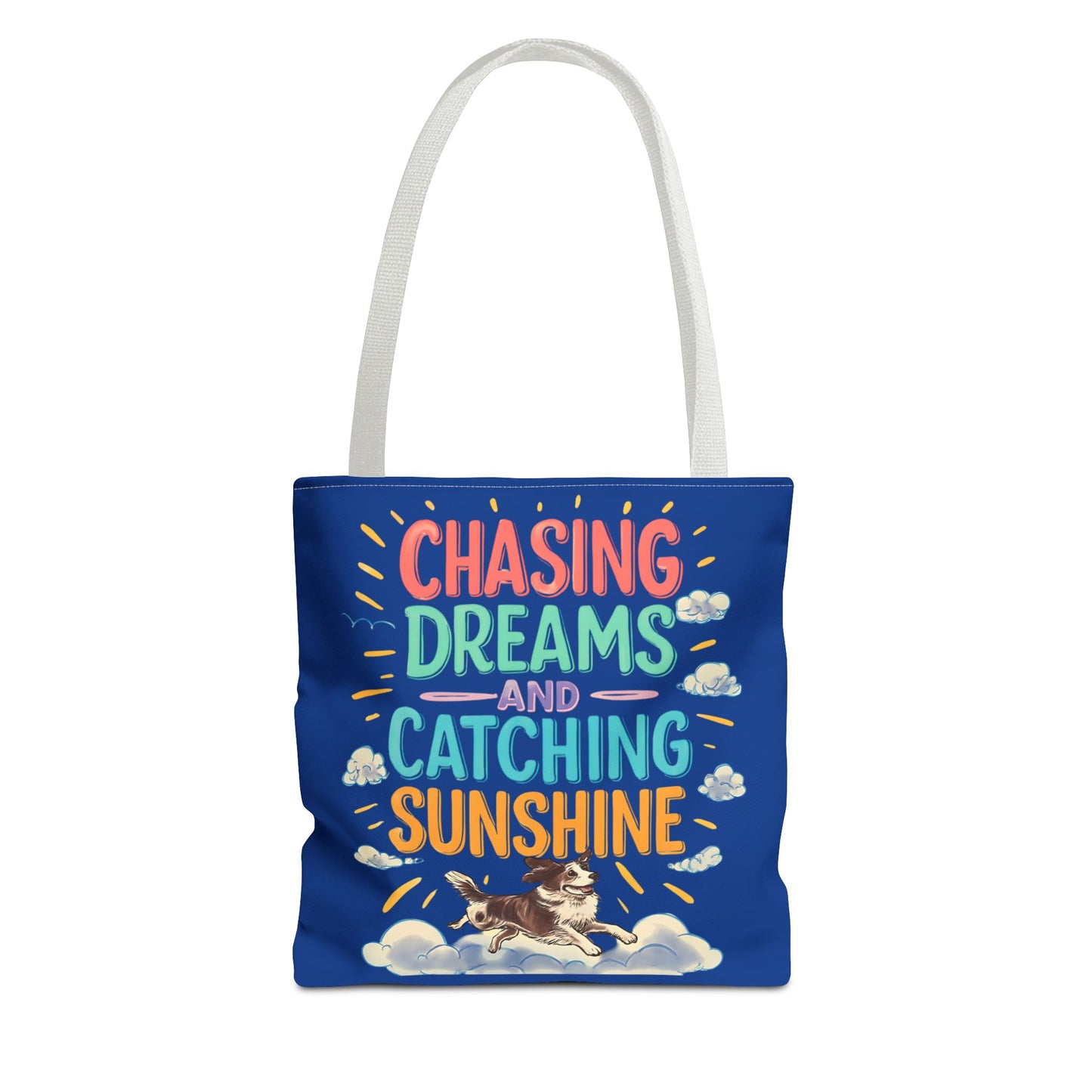 Chasing Dreams Tote Bag, Inspirational Tote, Dog Lover Gift, Eco-Friendly Shopper, Motivational Bag, Bright Blue Design