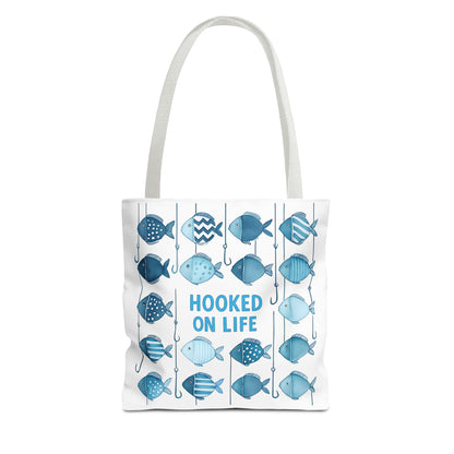 Fish-Themed Tote Bag, Hooked on Life Shopping Bag, Aqua Fishing Tote, Gift for Fisherman, Eco-Friendly Reusable Beach Bag
