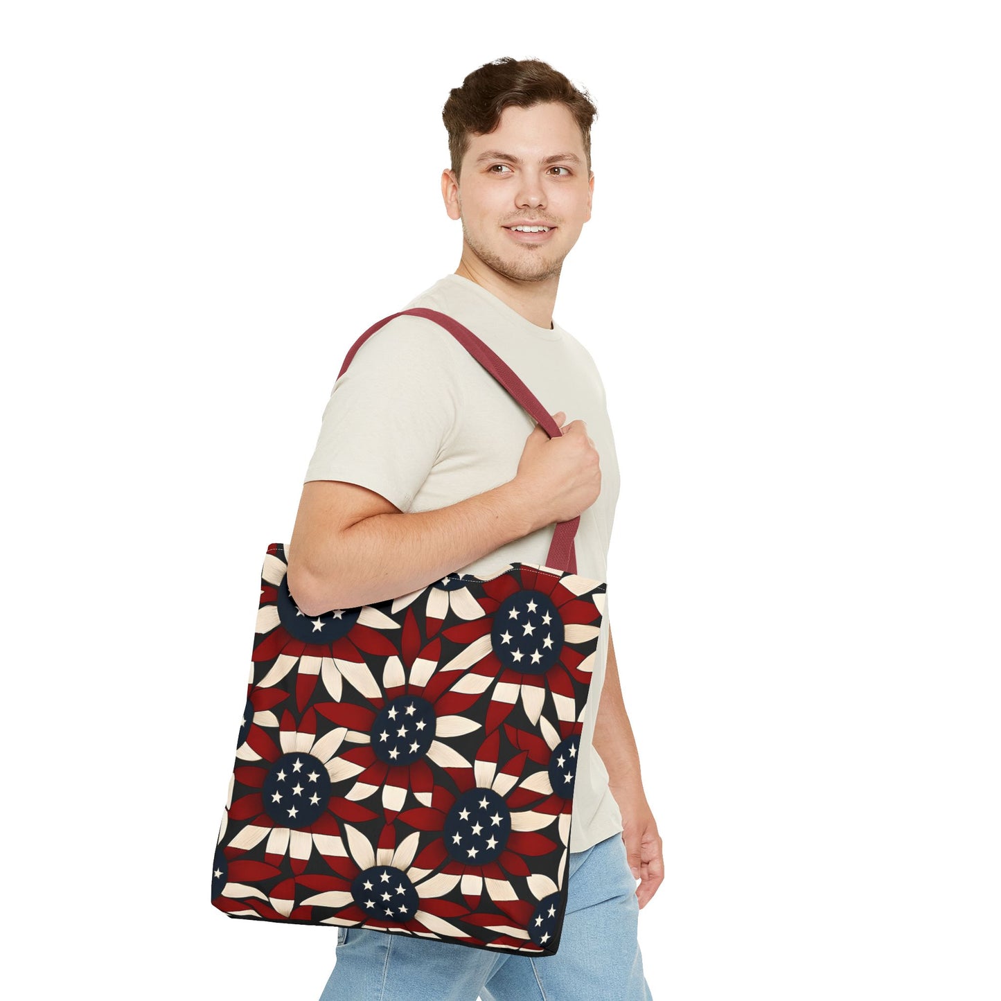 American Patriotic Tote Bag, Best Dad Gift, AOP Tote Bag, Red White Blue Handbag, Foldable Eco-Friendly Grocery Bag