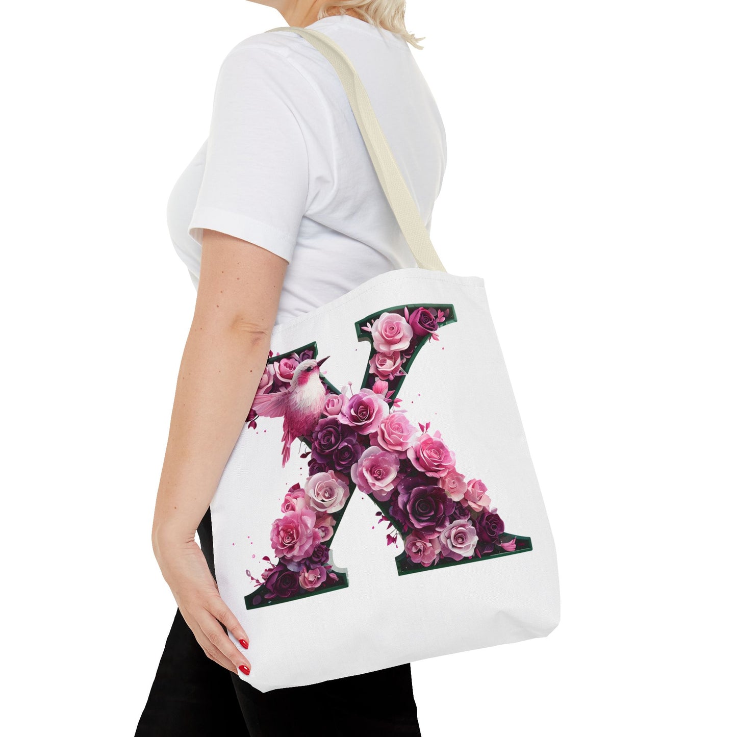 Floral Alphabet 'X' Tote Bag with Pink and Purple Flower and Bird Design