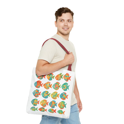 Colorful Mosaic Fish Print Tote Bag, Reusable Grocery Bag, Summer Travel Accessory, Gift for Ocean Lovers