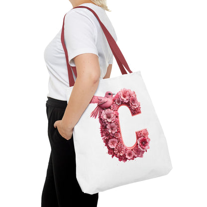Floral Alphabet C' Tote Bag - Pink Bird Floral Design for Shopping, Work and Beach