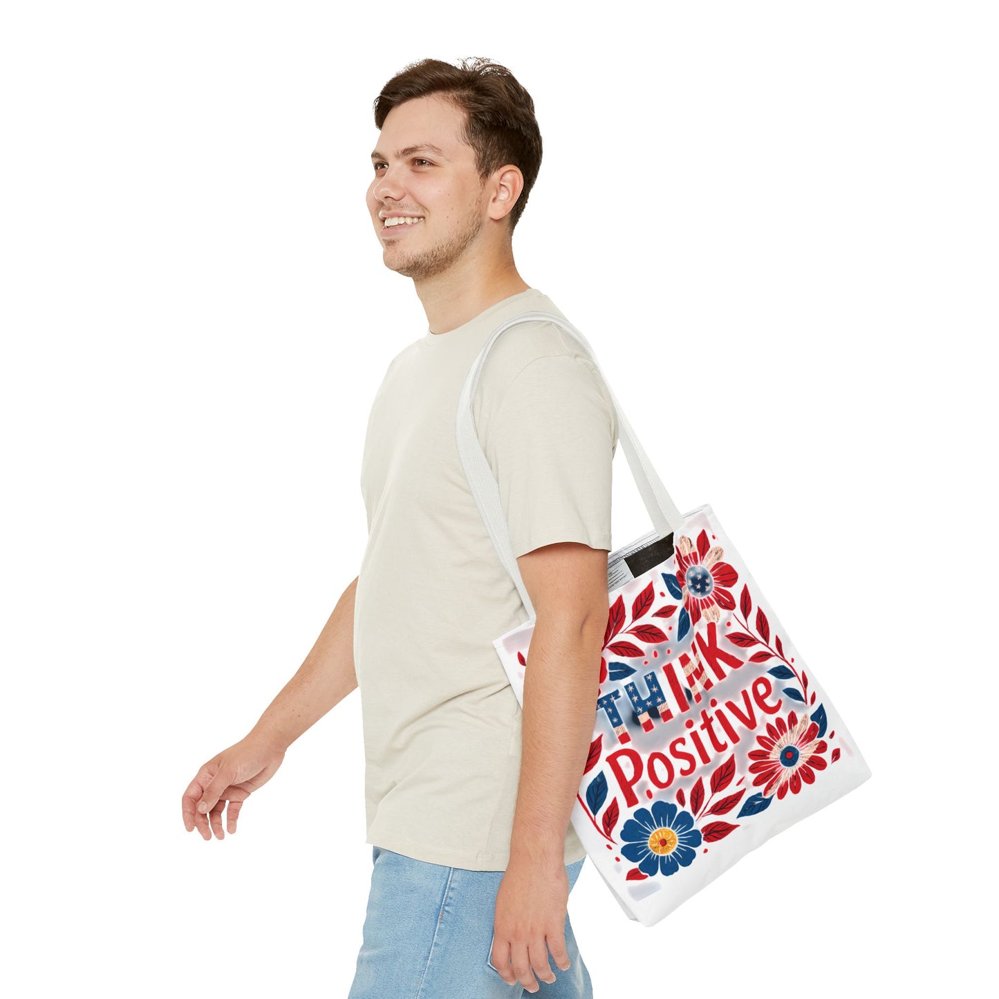 Red White and Blue Think Positive Tote Bag - Patriotic Embroidery Style Carryall, Great for Gifts, Shopping, Beach Days, Day Trips