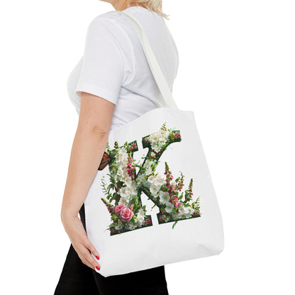 Floral Alphabet 'K'  Tote Bag with Cottage Garden Flowers and Butterfly Design