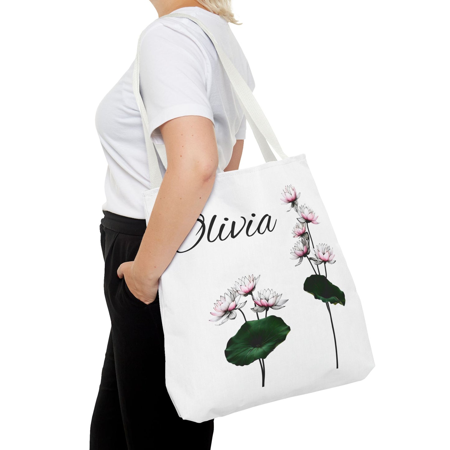 Personalized Water Lily Tote Bag, Eco-Friendly Reusable Shopping Bag, Custom Name Bag for July Birth Month Flower