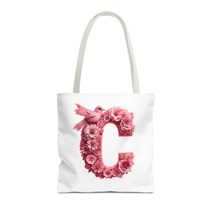 Floral Alphabet C' Tote Bag - Pink Bird Floral Design for Shopping, Work and Beach