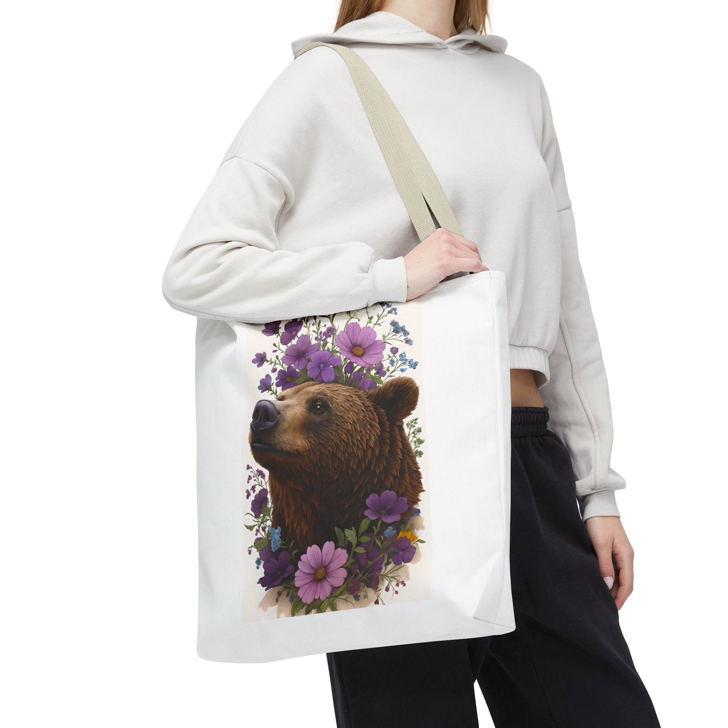 Floral Bear Tote Bag, Gift for Animal Lovers, Boho Bag for Daily Use