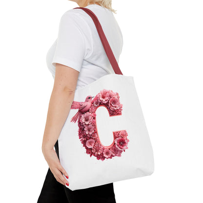 Floral Alphabet C' Tote Bag - Pink Bird Floral Design for Shopping, Work and Beach