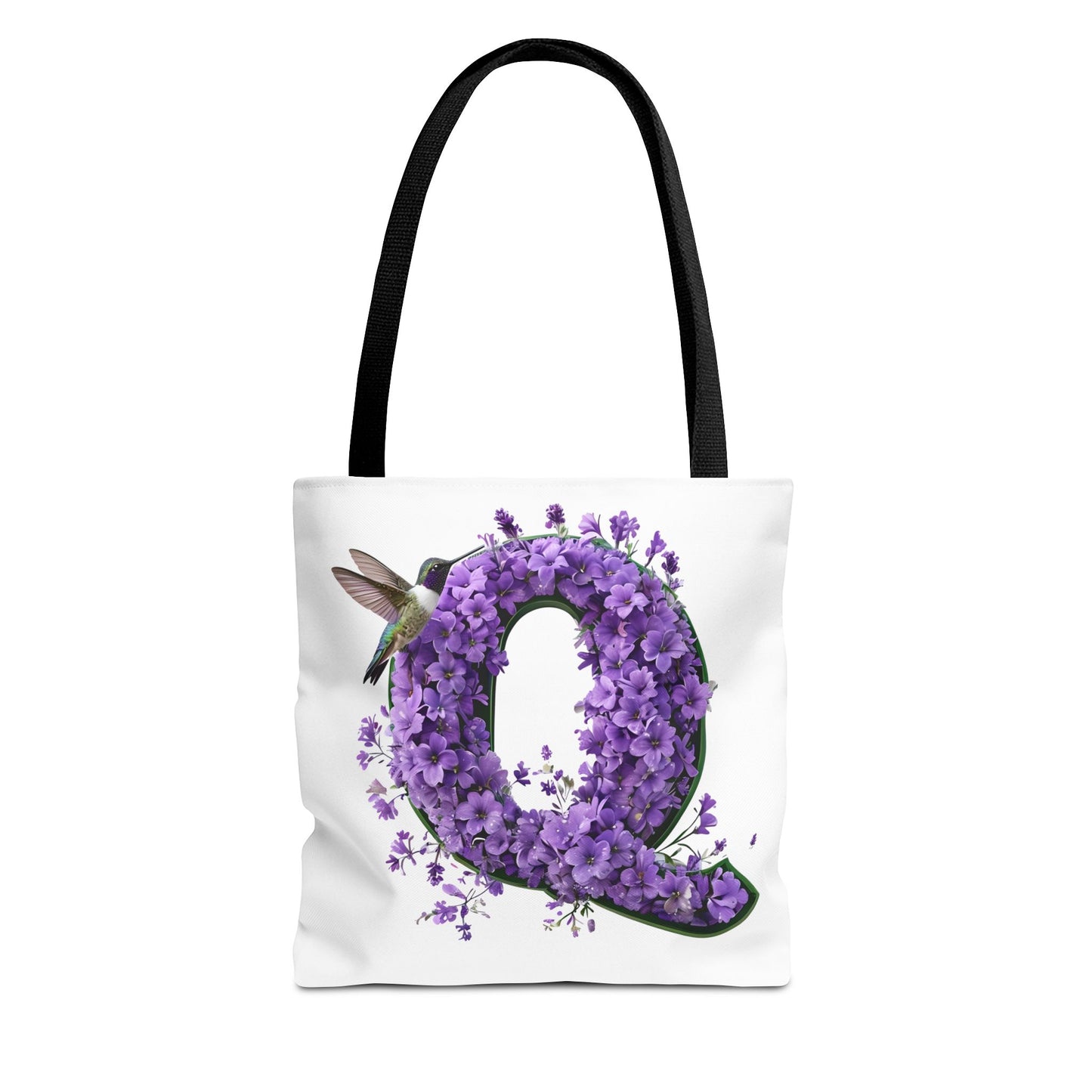 Floral Alphabet 'Q' Tote Bag - Hummingbird and Purple Flower Nature-Inspired Design