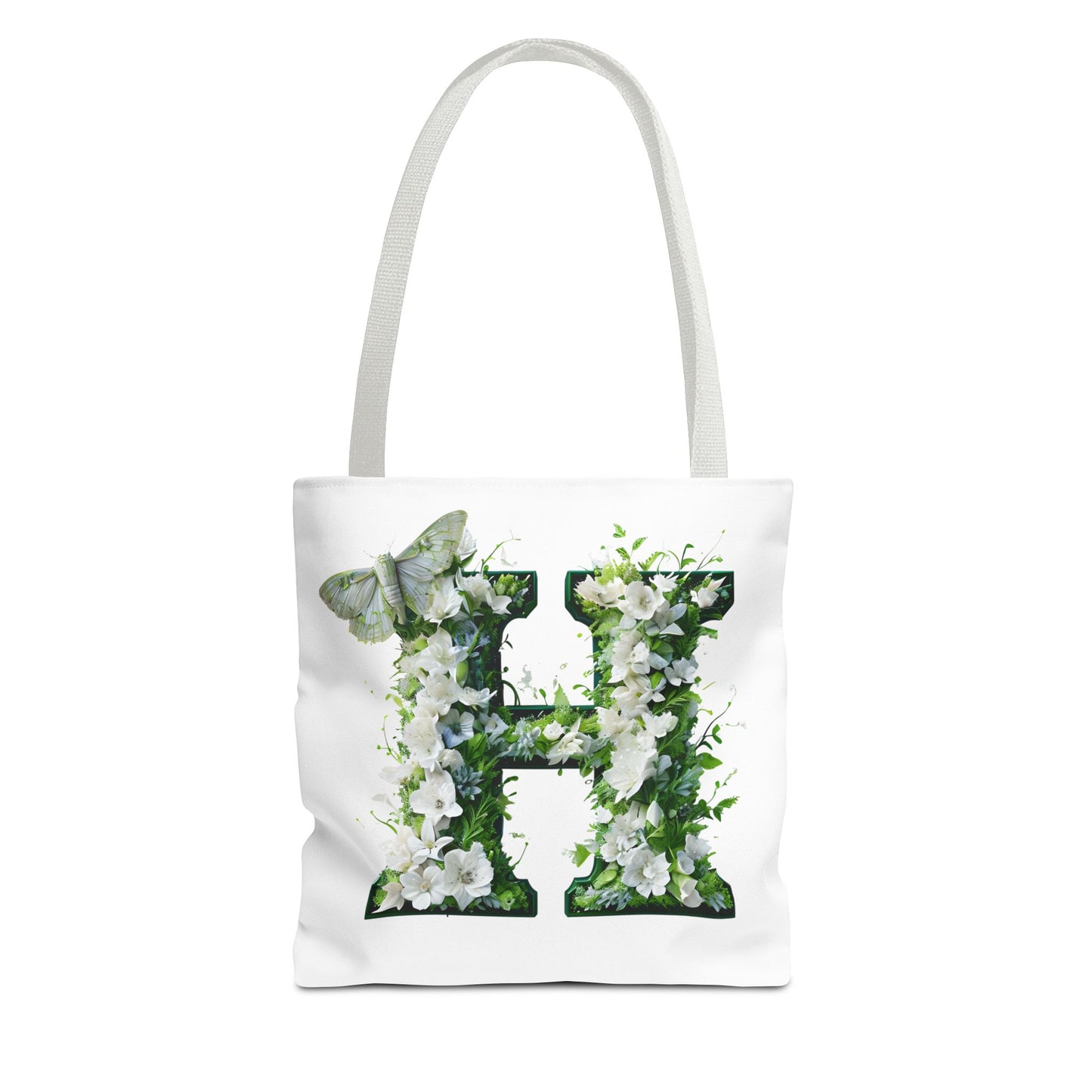 Floral Alphabet 'H'  Tote Bag - Green and White Gift for Nature Lovers