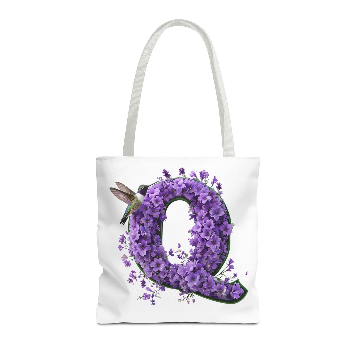 Floral Alphabet 'Q' Tote Bag - Hummingbird and Purple Flower Nature-Inspired Design