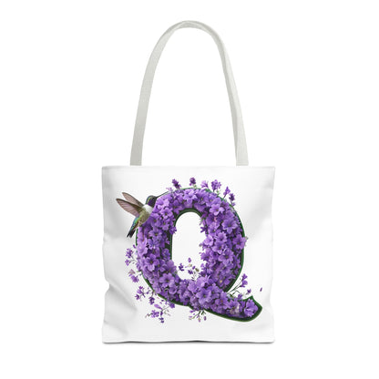 Floral Alphabet 'Q' Tote Bag - Hummingbird and Purple Flower Nature-Inspired Design
