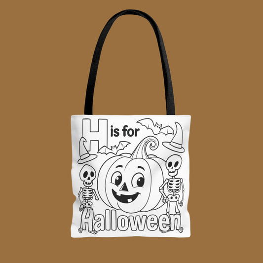 Coloring page tote bag with Halloween design featuring a pumpkin, skeletons, and bats 