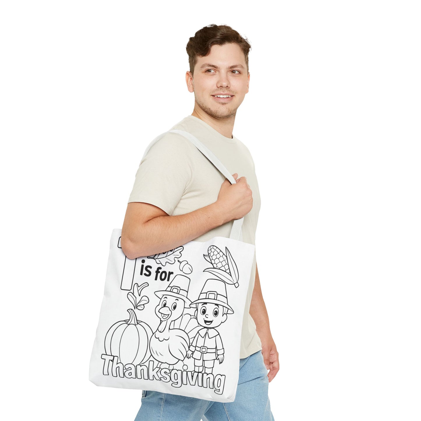 T is for Thanksgiving Coloring Page Tote Bag - Colorful Pilgrims and Turkey Design, AOP, Ideal for Holiday Gatherings, Gifts, and Crafts