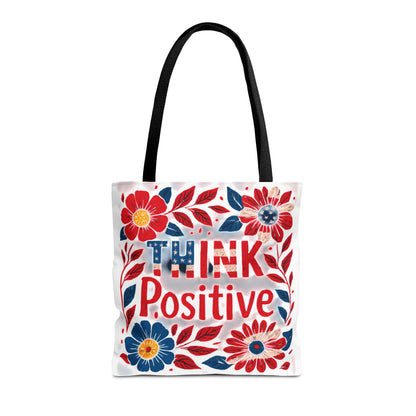 Red White and Blue Think Positive Tote Bag - Patriotic Embroidery Style Carryall, Great for Gifts, Shopping, Beach Days, Day Trips