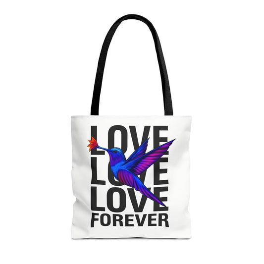 Colorful Hummingbird Tote Bag, Love Love Love Forever Shopping Bag, Vacation Carryall, Artsy Gift