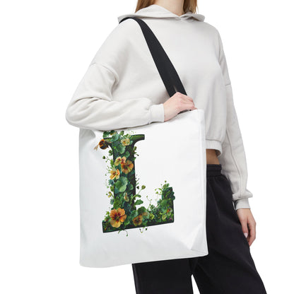 Floral Alphabet 'L' Tote Bag - Polyester Carryall for Nature Lovers