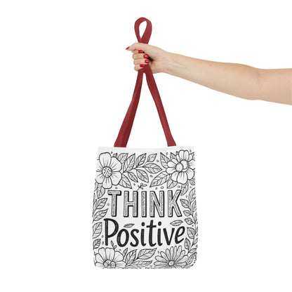 Think Positive Floral Tote Bag, Motivational Bag for Students, Gift for Friends, Inspirational Accessory