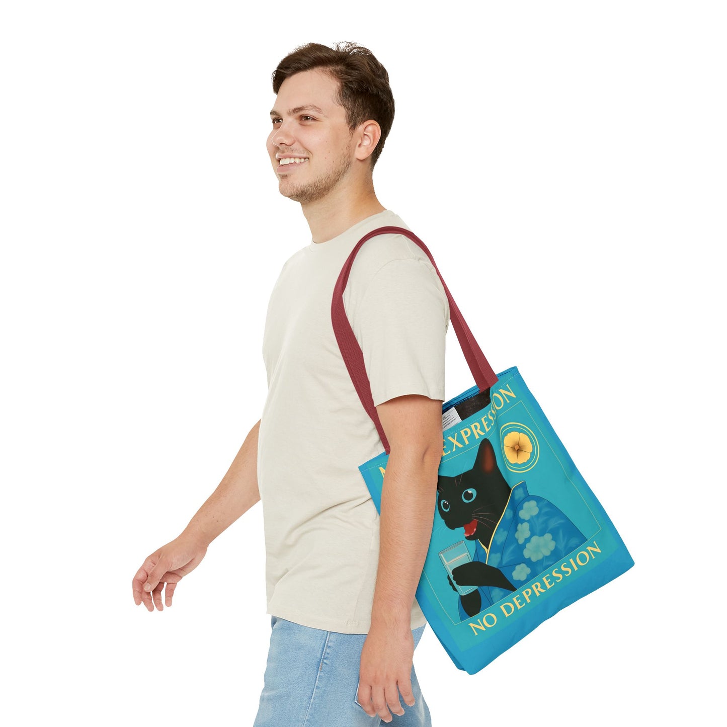 Motivational Chinoiserie Black Cat Tote Bag - More Expression No Depression