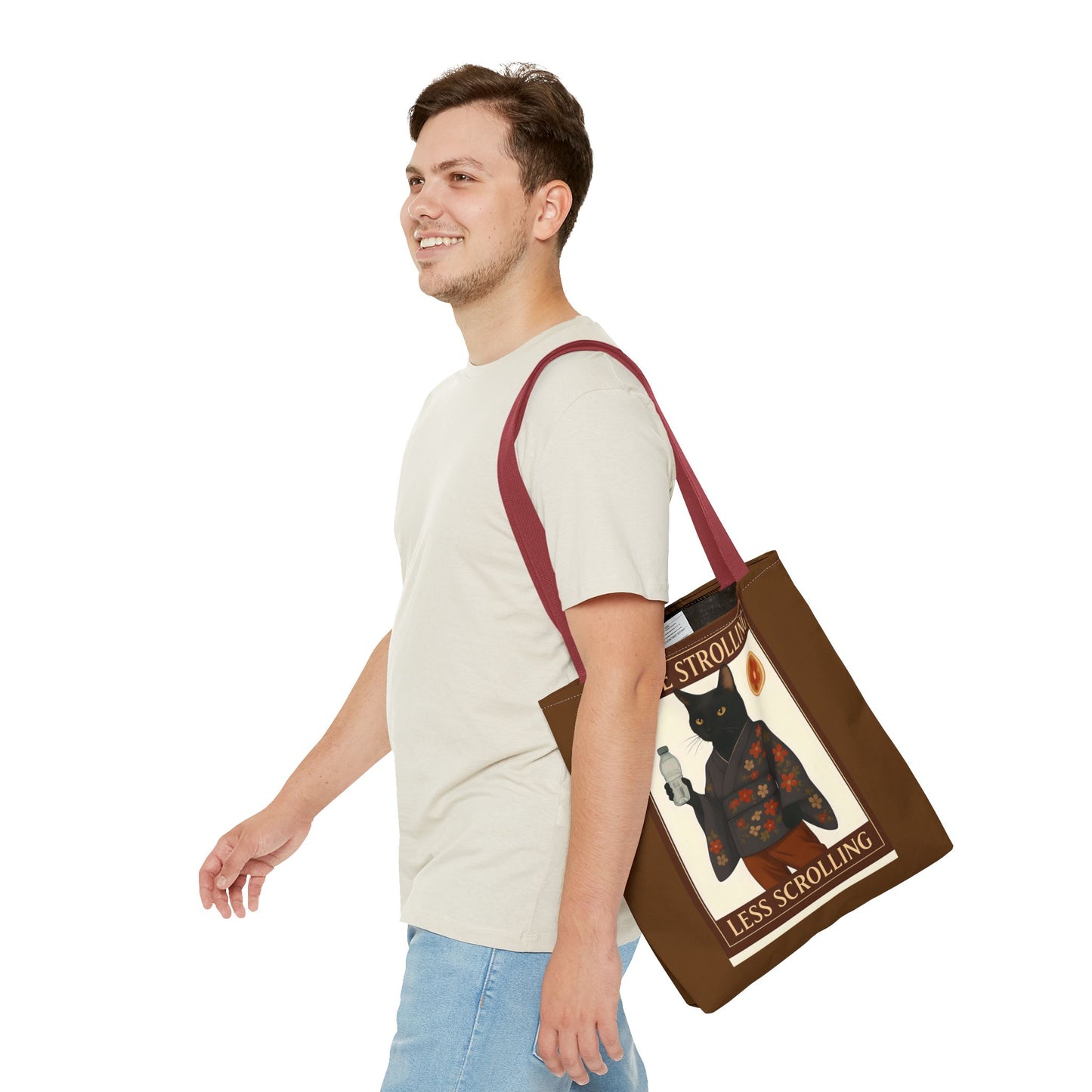 More Strolling Less Scrolling Cat Tote Bag – Cute Black Cat Design for Cat Lovers