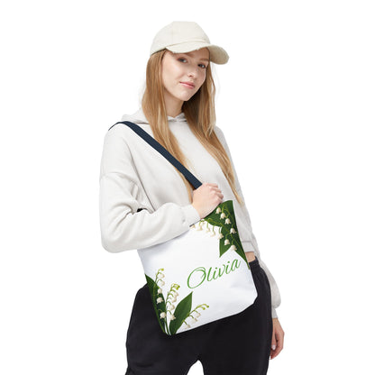 Personalized Birth Month Flower Tote Bag, Custom Name Tote, Eco-Friendly Grocery Shopping Bag, May Lily of the Valley Design