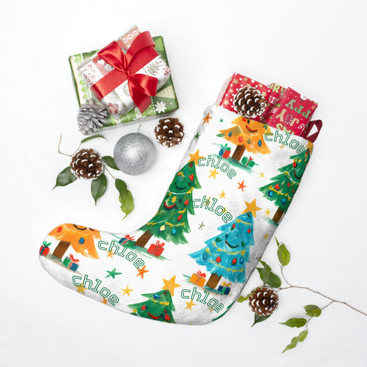 Christmas stocking with colorful tree design and personalized name on a white background