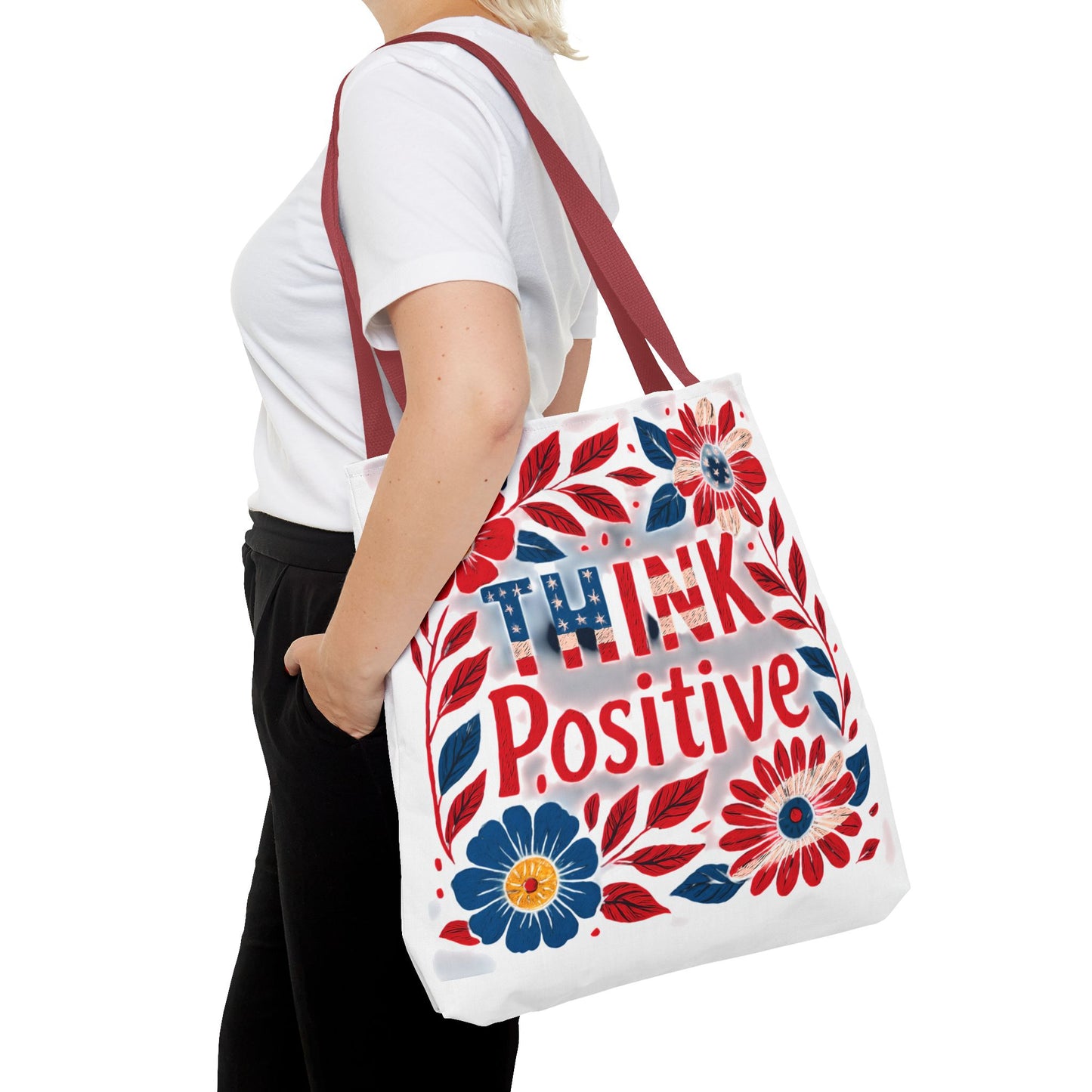 Red White and Blue Think Positive Tote Bag - Patriotic Embroidery Style Carryall, Great for Gifts, Shopping, Beach Days, Day Trips