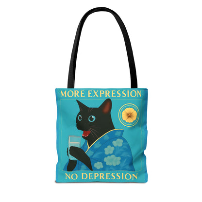 Motivational Chinoiserie Black Cat Tote Bag - More Expression No Depression