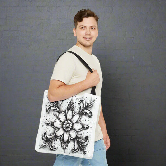 black and white geometric pattern tote bag