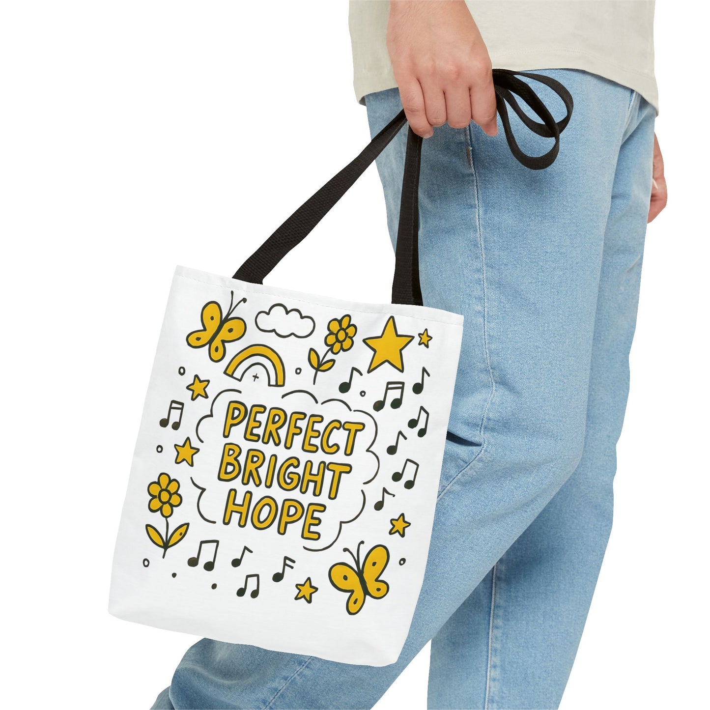 Sunshine Vibes Doodle Tote Bag, Perfect Bright Hope Tote, Eco-Friendly Shopping Bag, Inspirational Gift, Butterfly Print Bag