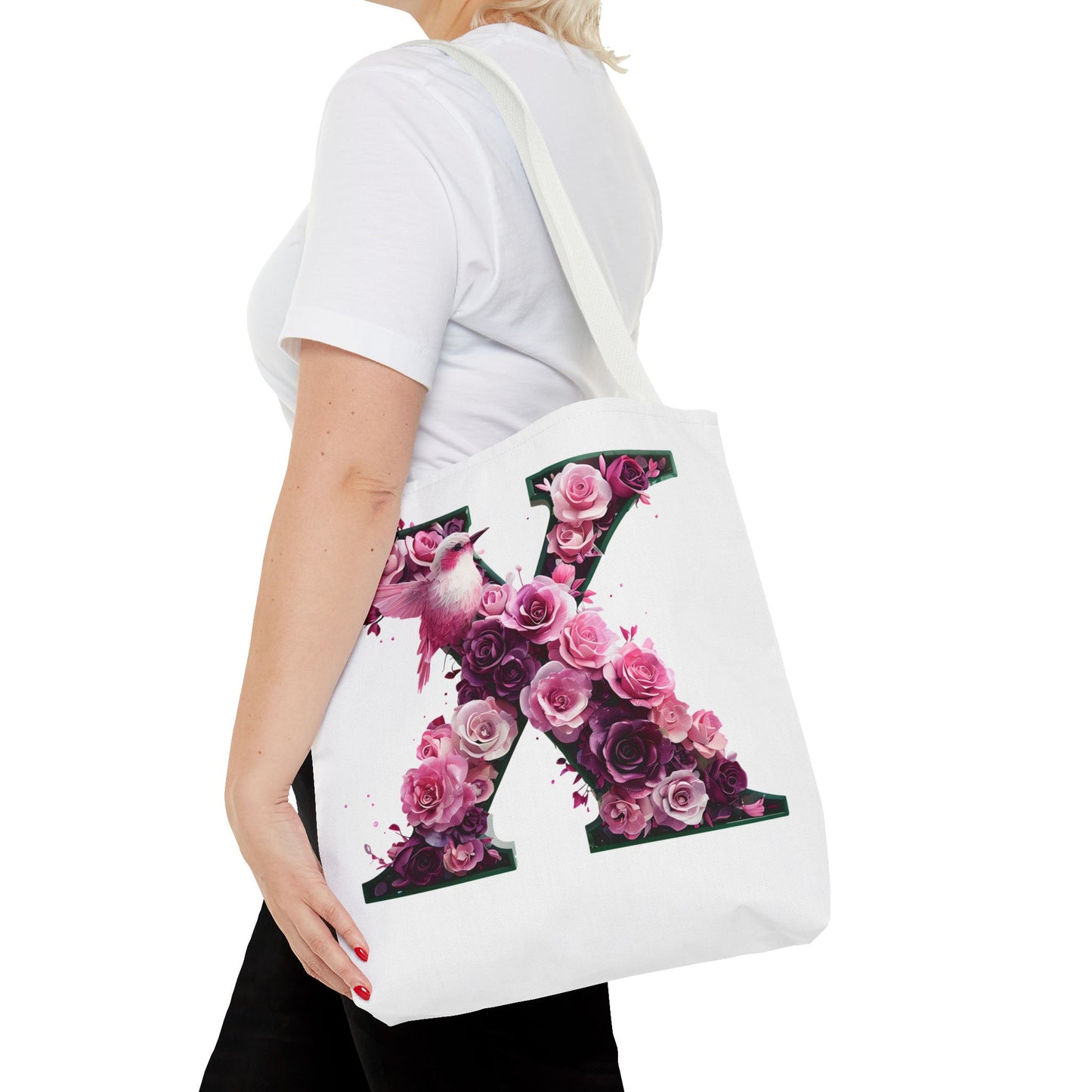 Floral Alphabet 'X' Tote Bag with Pink and Purple Flower and Bird Design