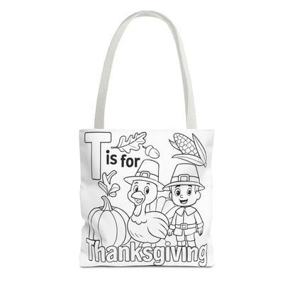 T is for Thanksgiving Coloring Page Tote Bag - Colorful Pilgrims and Turkey Design, AOP, Ideal for Holiday Gatherings, Gifts, and Crafts