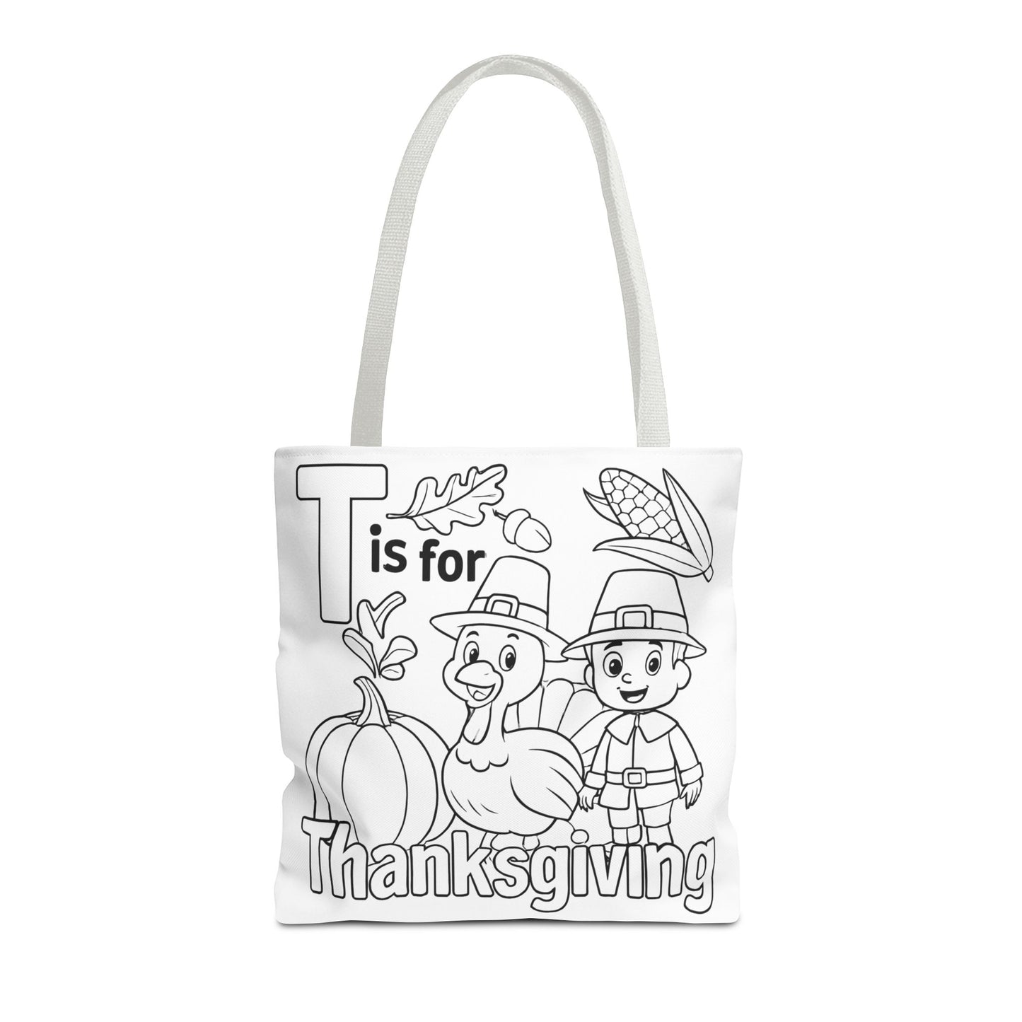 T is for Thanksgiving Coloring Page Tote Bag - Colorful Pilgrims and Turkey Design, AOP, Ideal for Holiday Gatherings, Gifts, and Crafts
