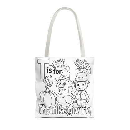 T is for Thanksgiving Coloring Page Tote Bag - Colorful Pilgrims and Turkey Design, AOP, Ideal for Holiday Gatherings, Gifts, and Crafts